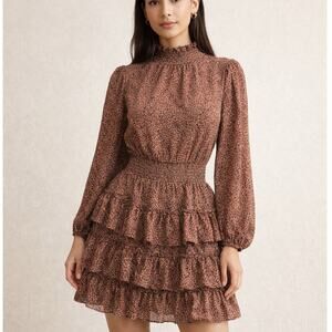 NEW Express Boho Brown Ruffle Mini Dress Mock Neck Smocked Waist Long Sleeve